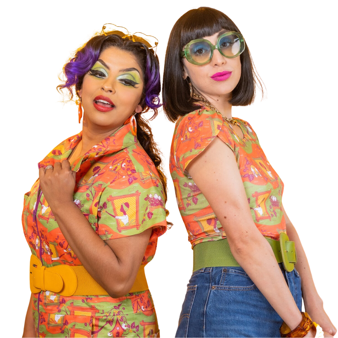 2 models wearing quirky orange and green outfits