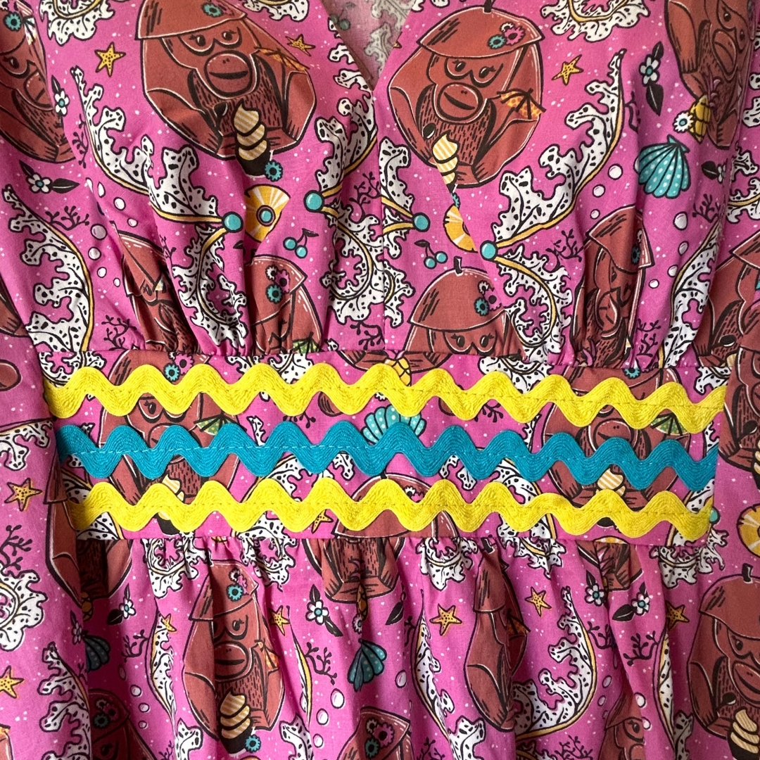 Closeup of monkey caftan with ricrac trim