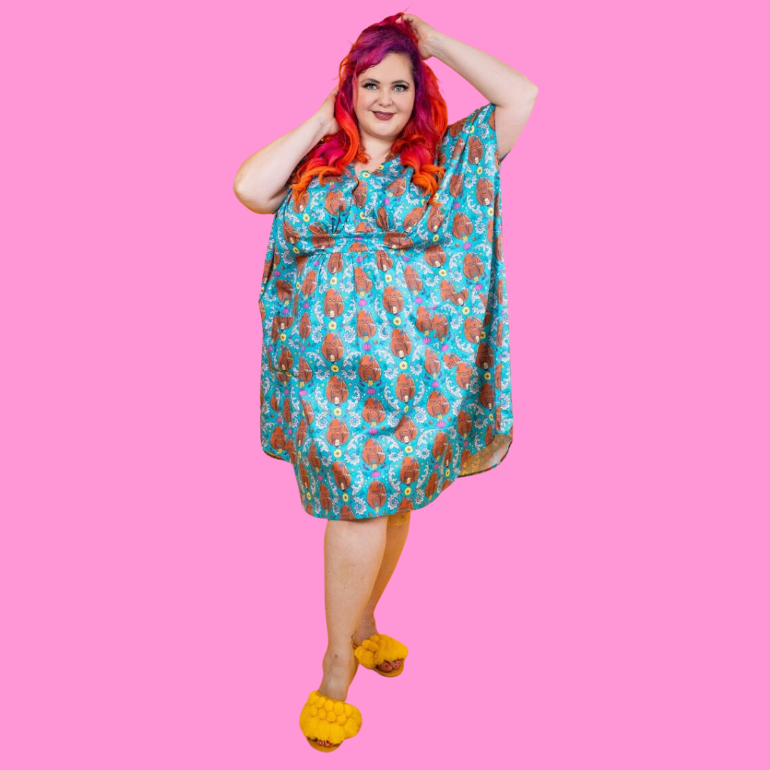 Full length pic of model wearing teal tiki monkey caftan