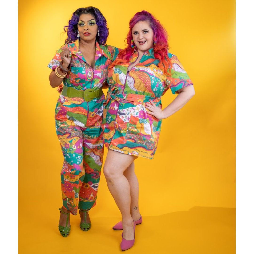 2 models wearing brightly colored clothing and accessories