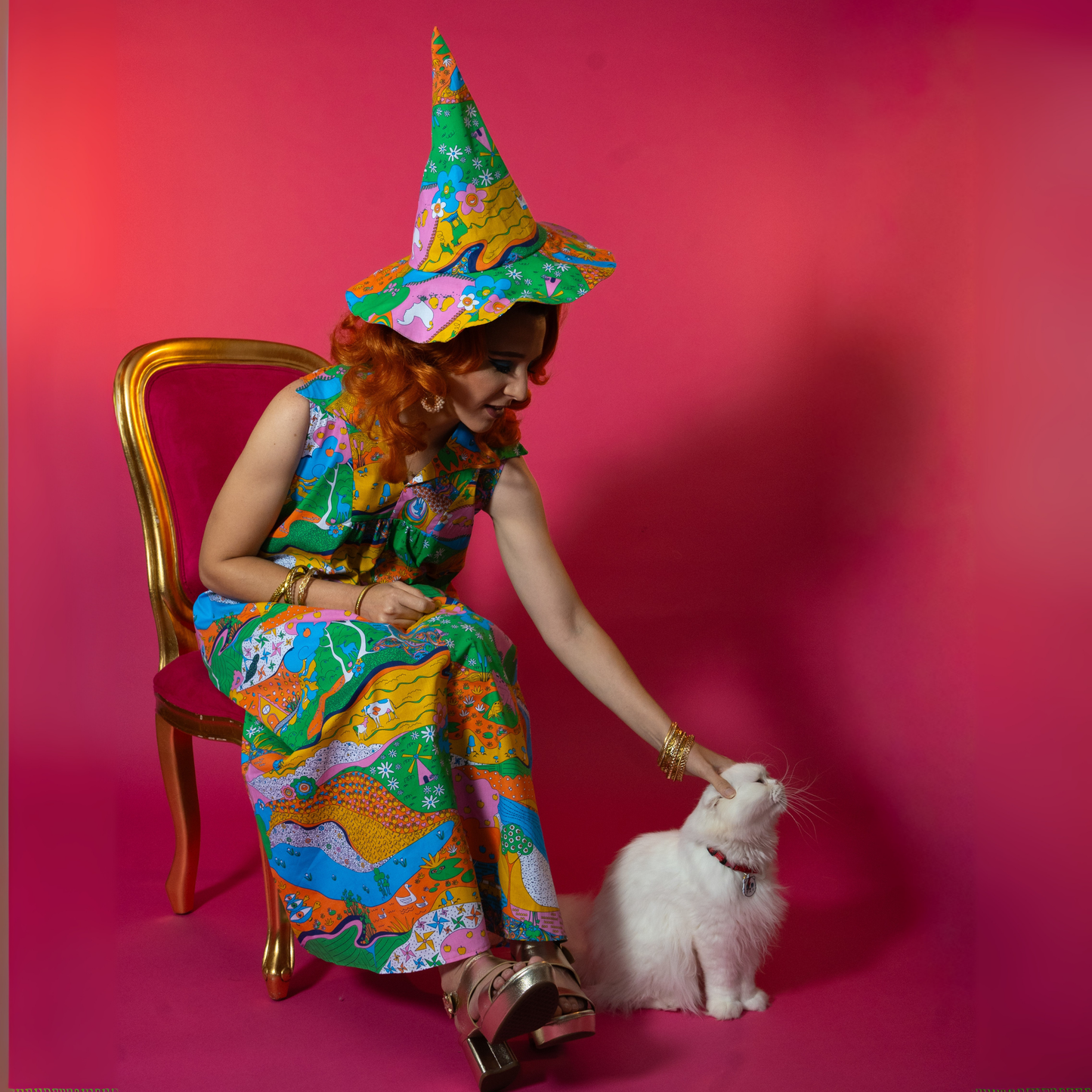 Reversible Witch & Bucket Hat in Rainbow Landscape
