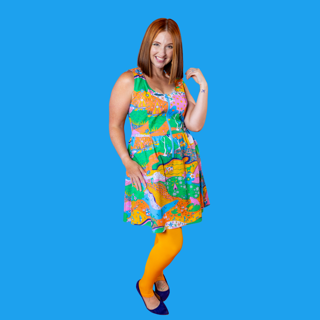 Landscape Print Fit & Flare Midi Dress in Rainbow Farm- Re-Stocked!