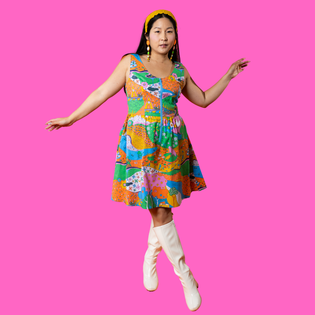 Landscape Print Fit & Flare Midi Dress in Rainbow Farm- Re-Stocked!