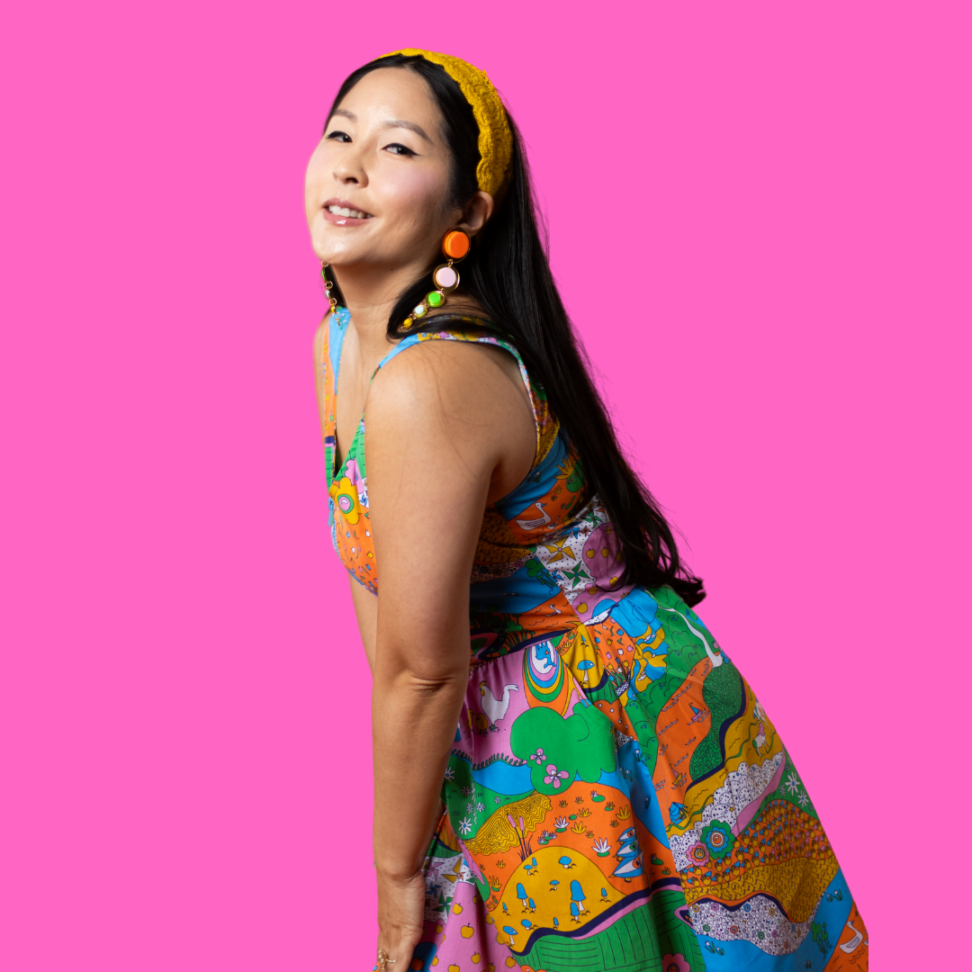 Landscape Print Fit & Flare Midi Dress in Rainbow Farm- Re-Stocked!