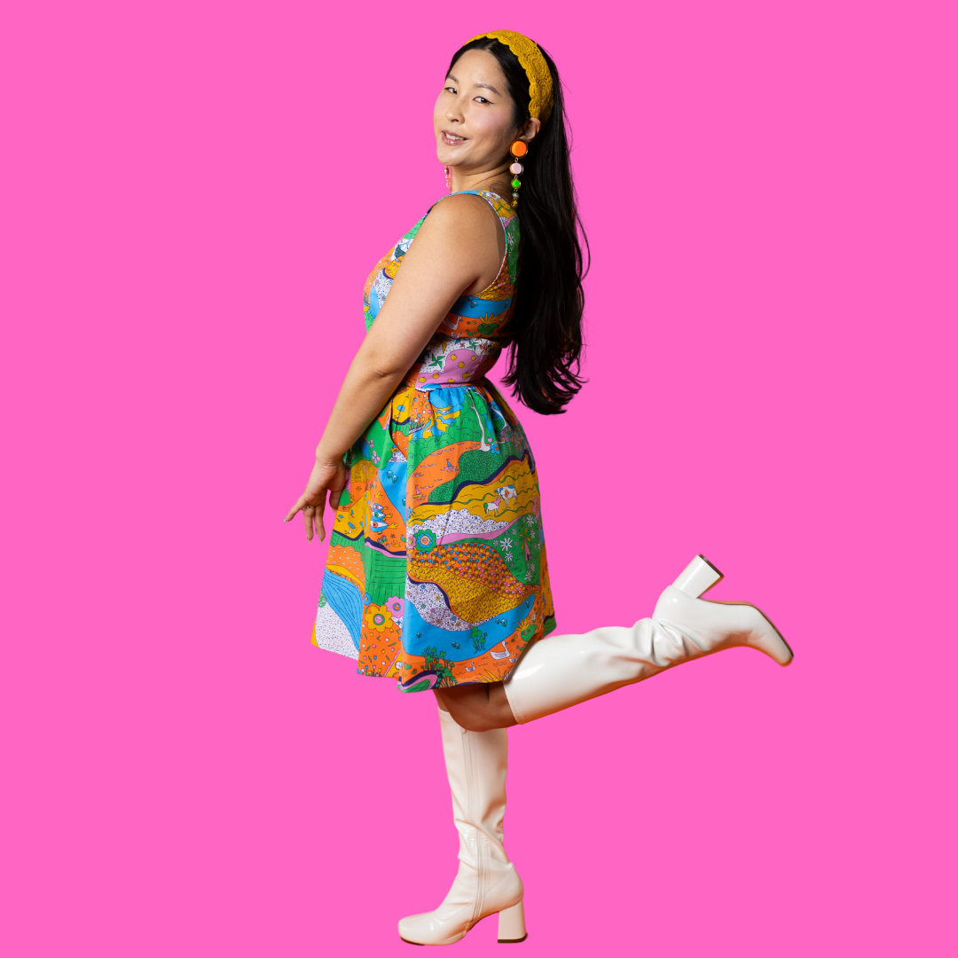 Landscape Print Fit & Flare Midi Dress in Rainbow Farm- Re-Stocked!