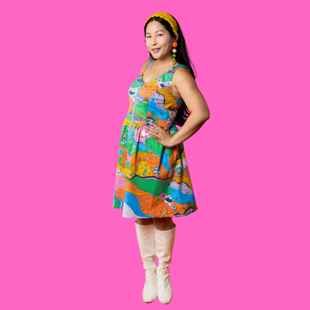 Landscape Print Fit & Flare Midi Dress in Rainbow Farm- Re-Stocked!