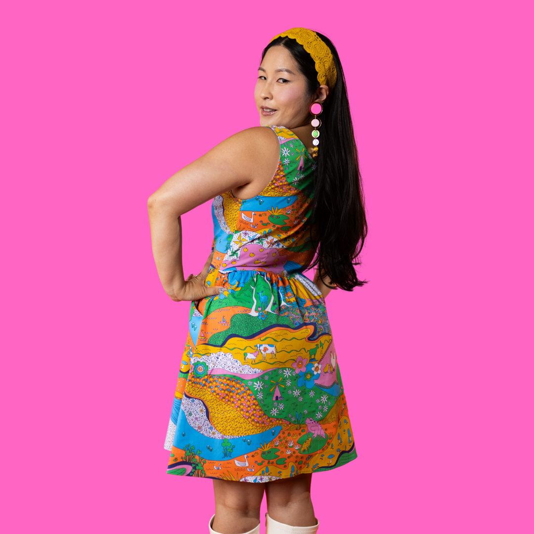 Landscape Print Fit & Flare Midi Dress in Rainbow Farm- Re-Stocked!