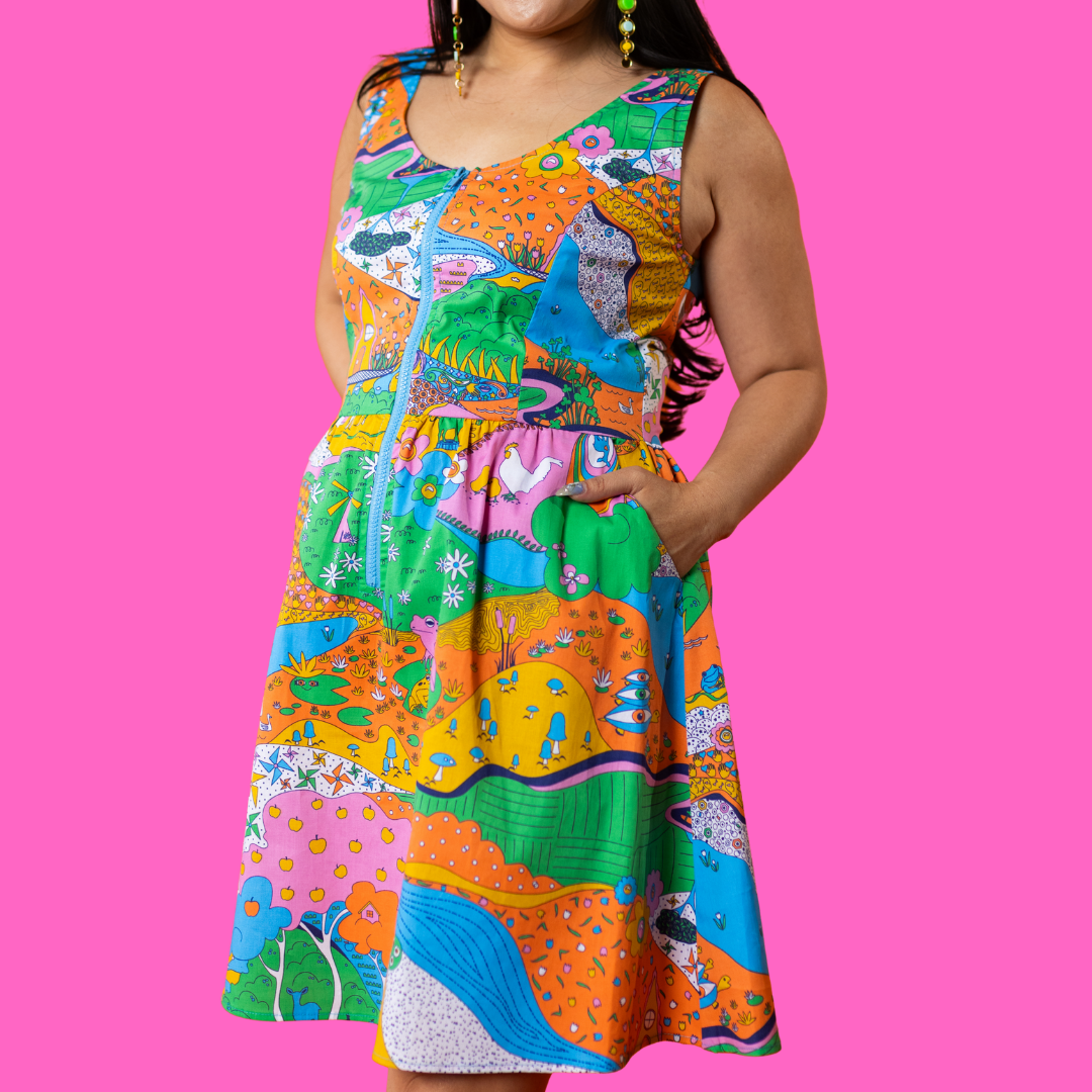 Landscape Print Fit & Flare Midi Dress in Rainbow Farm- Re-Stocked!