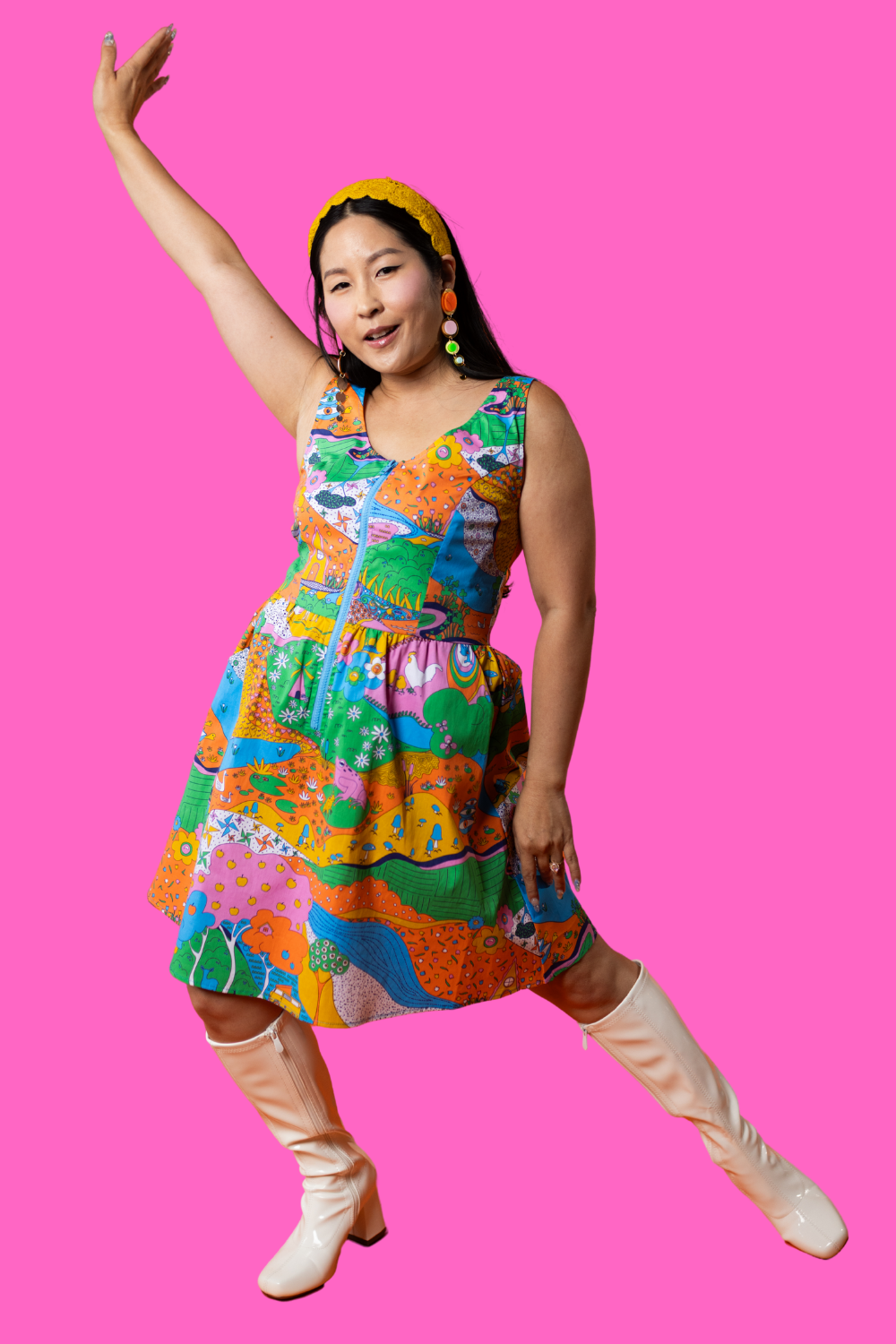 Landscape Print Fit & Flare Midi Dress in Rainbow Farm- Re-Stocked!