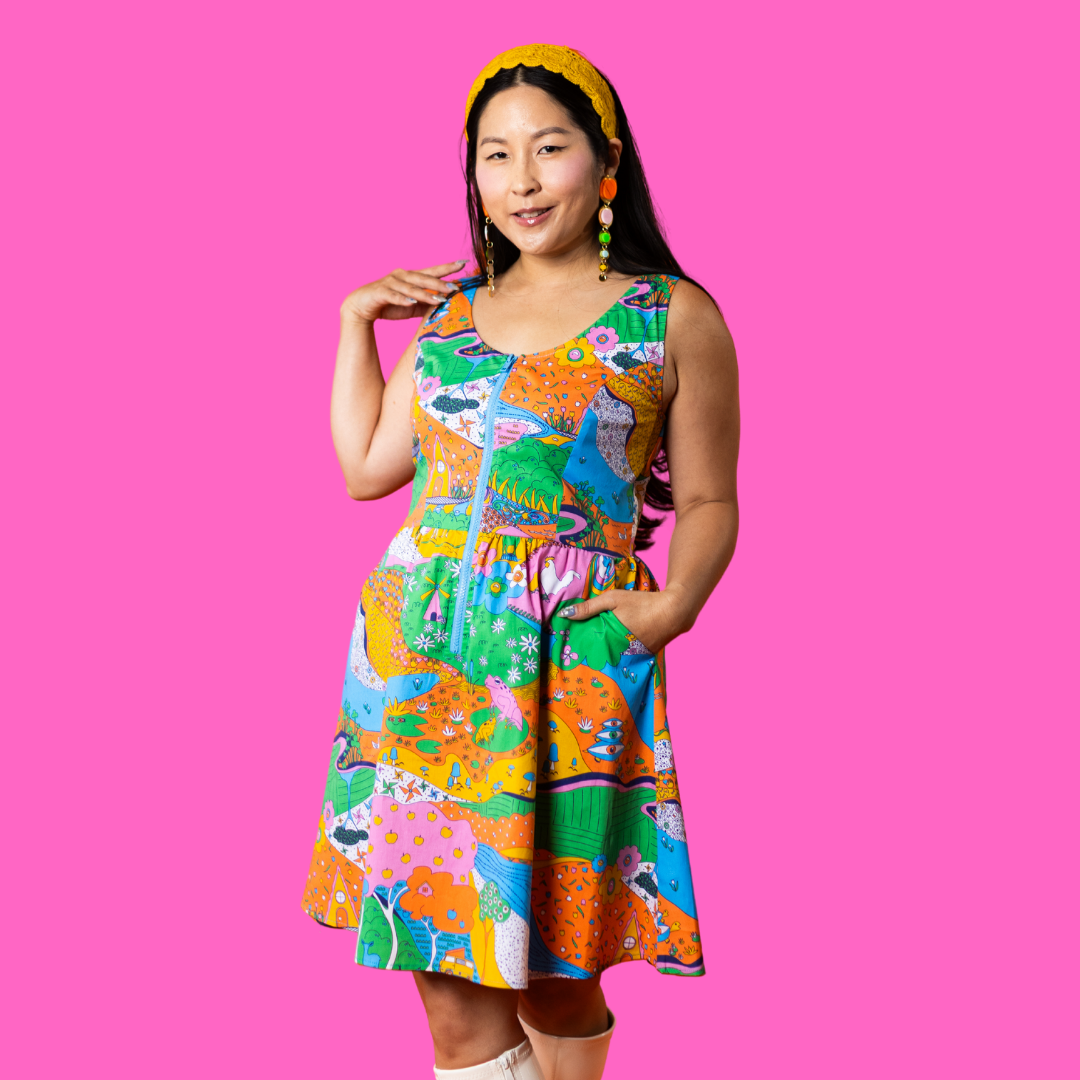 Landscape Print Fit & Flare Midi Dress in Rainbow Farm- Re-Stocked!