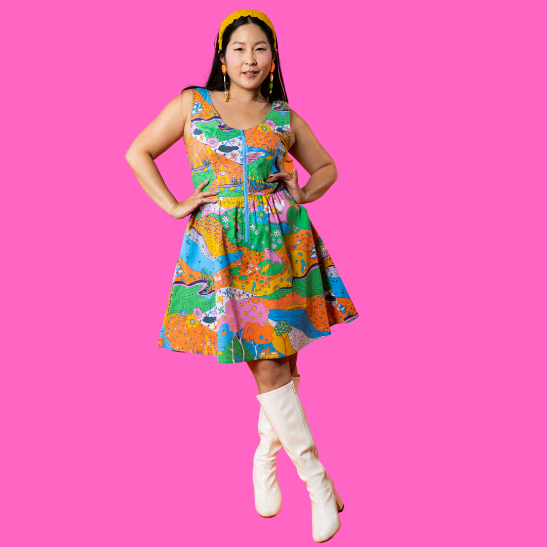 Landscape Print Fit & Flare Midi Dress in Rainbow Farm- Re-Stocked!