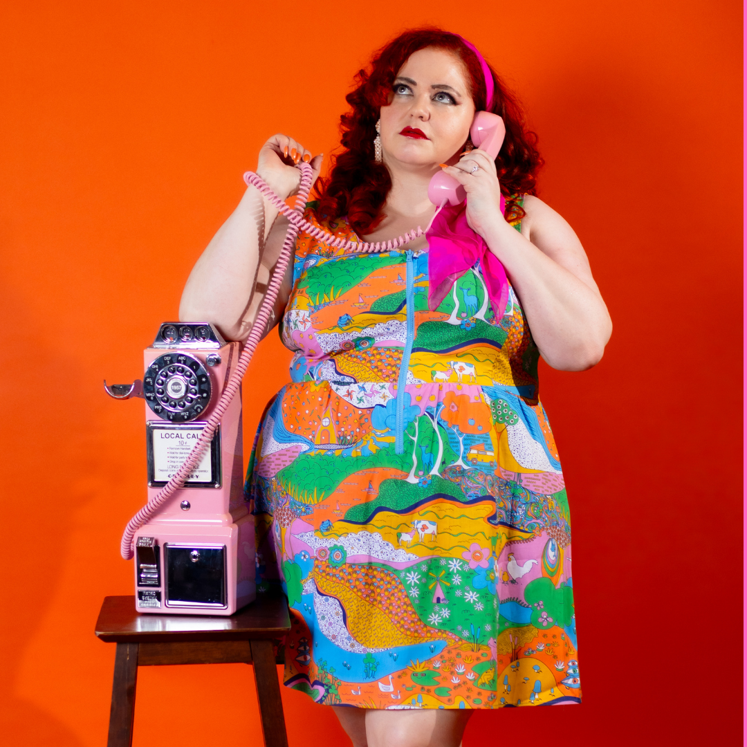 Landscape Print Fit & Flare Midi Dress in Rainbow Farm- Re-Stocked!