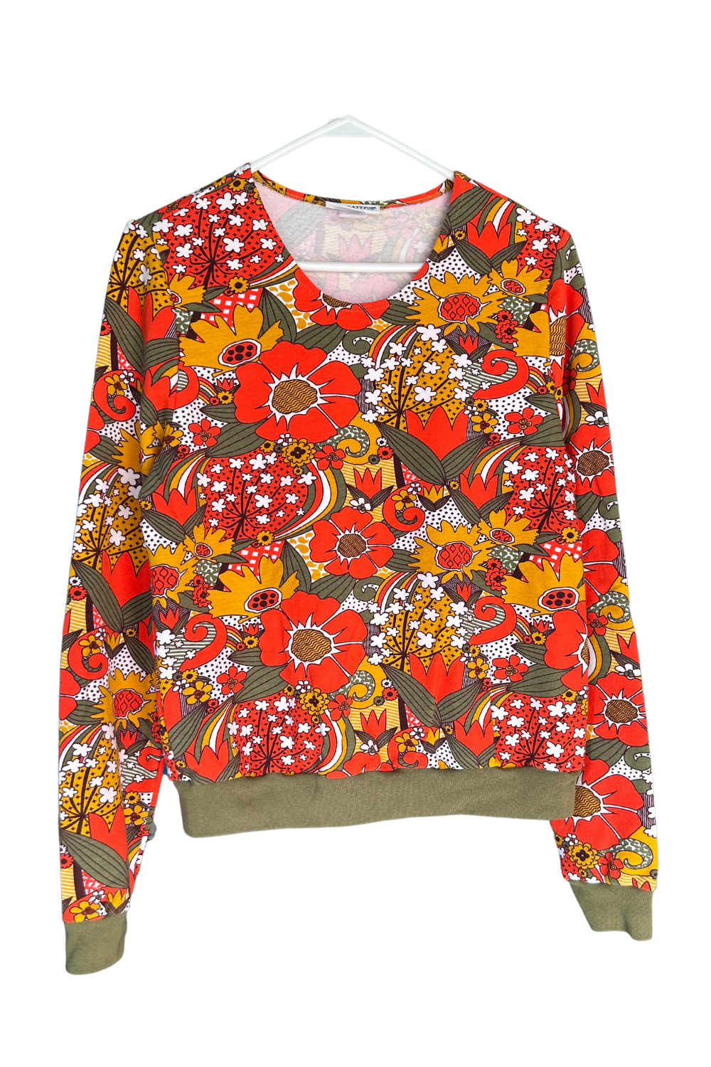 Cropped Floral French terry sweatshirt in orange and olive floral print