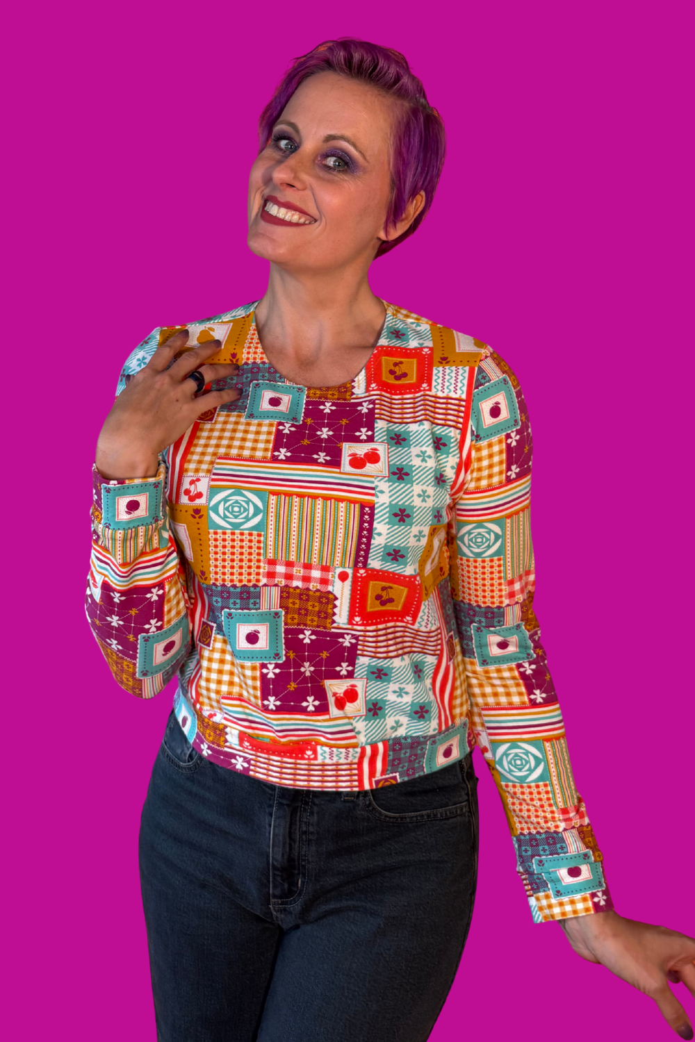 Patchwork Pullover in Magenta