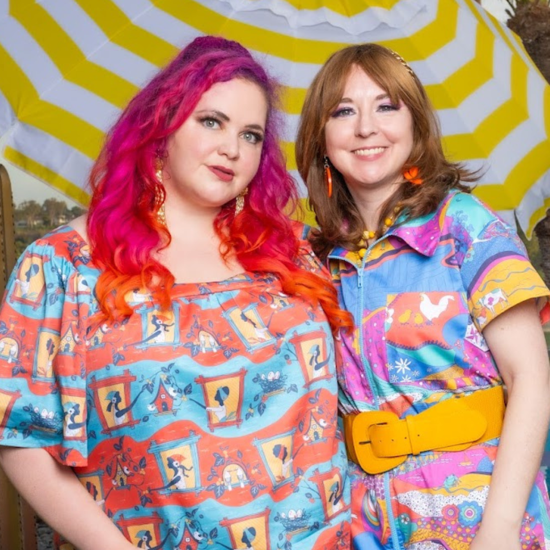 Two models wearing brightly colored clothing