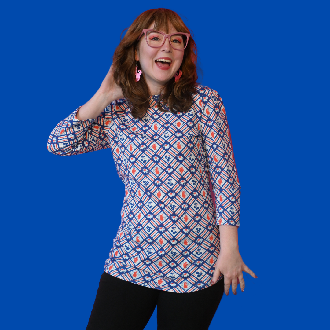 Navy blue red fruit flower plaid graphic tee and wearing glasses