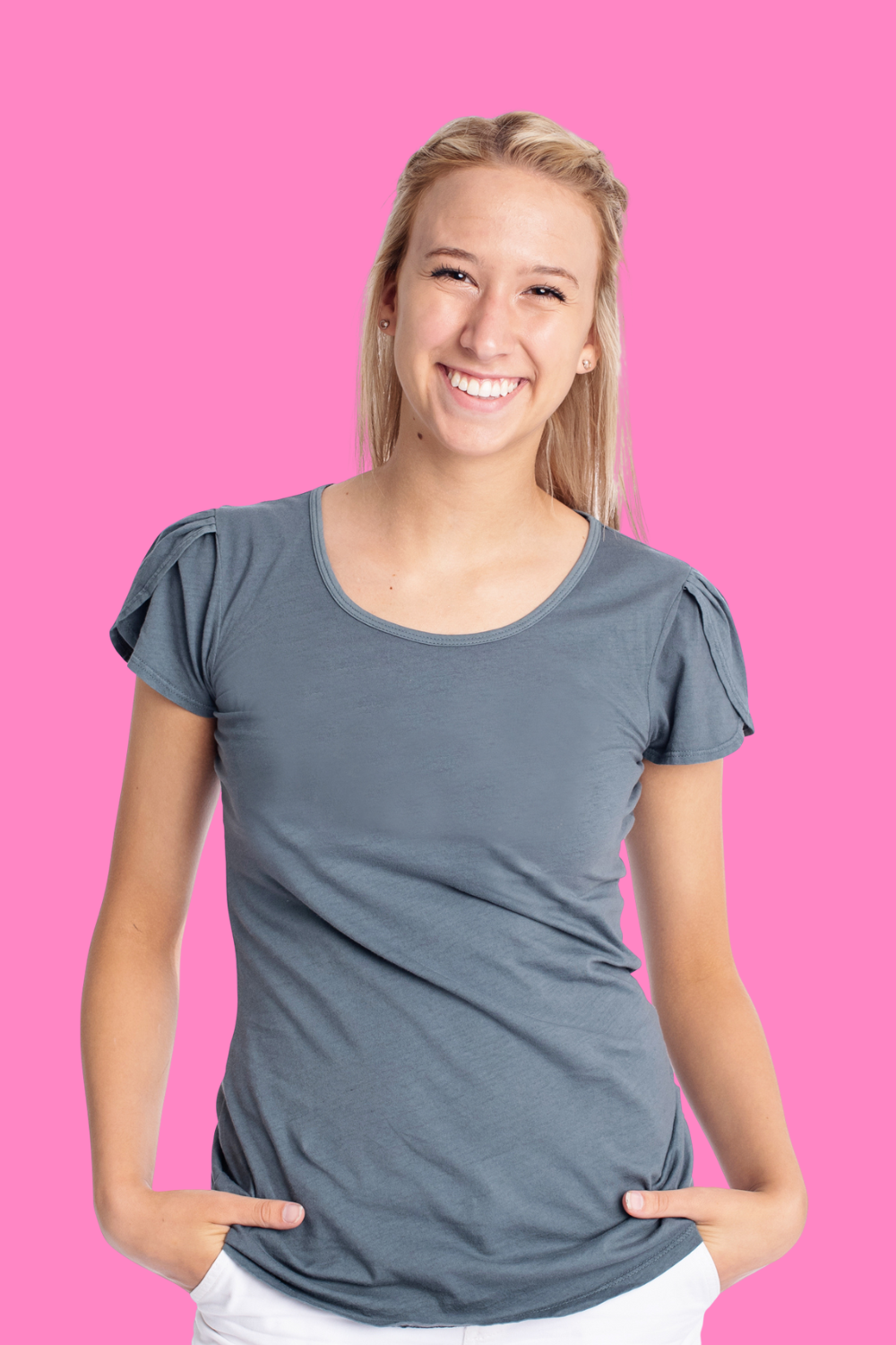 Blonde model in grey tulip-sleeved cotton tee