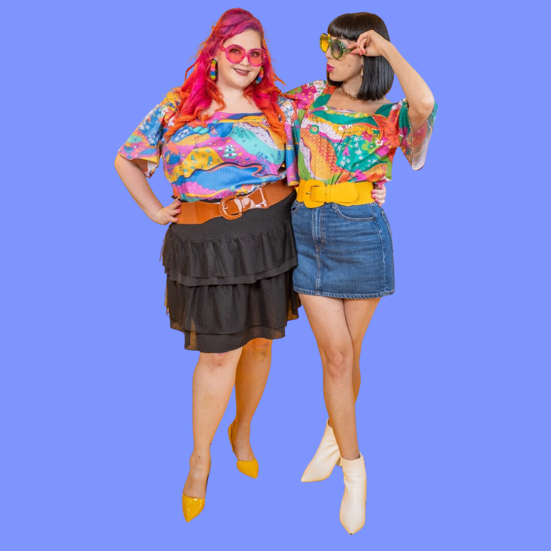 2 models in cute colorful printed tops, sunglasses and miniskirts