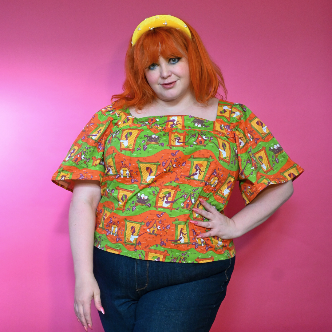 Brownstone Betties Square Neck Peasant Top in Pumpkin & Olive