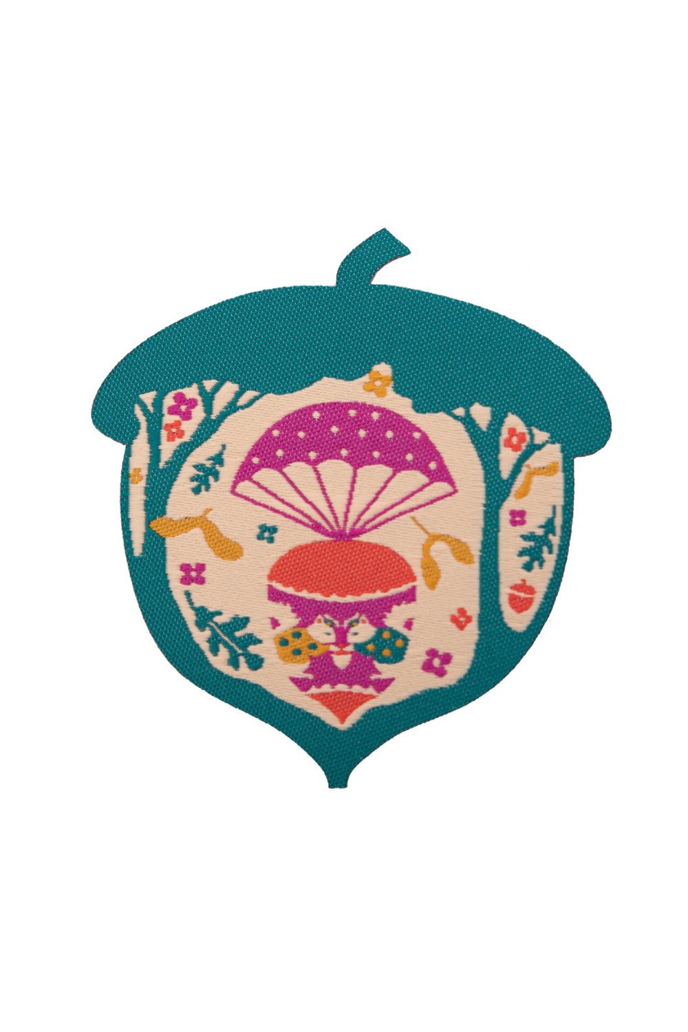 Bright green acorn-shaped iron on patch with parachuting squirrels and leaves