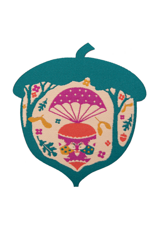 Bright green acorn-shaped iron on patch with parachuting squirrels and leaves