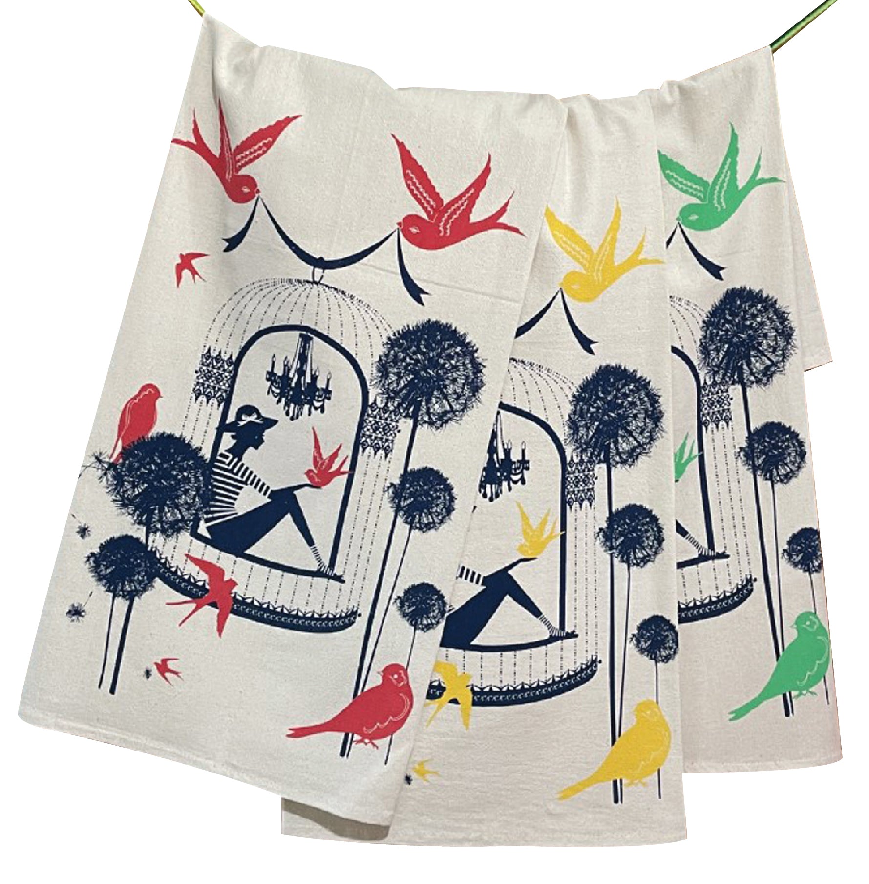 3 colorful cotton tea towels with birds and a woman in a birdcage
