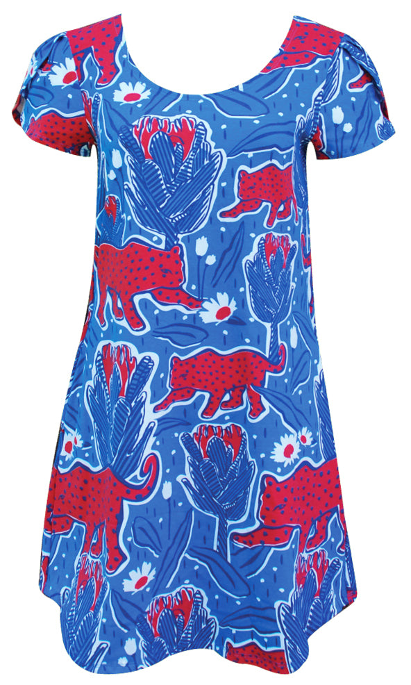 Bright blue and red tulip-sleeved tunic with print of jaguars and protea flowers