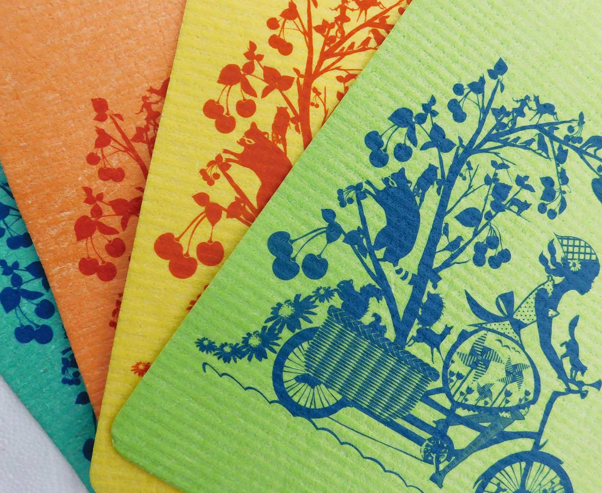 4 Swedish dishcloths with bicycle girl print