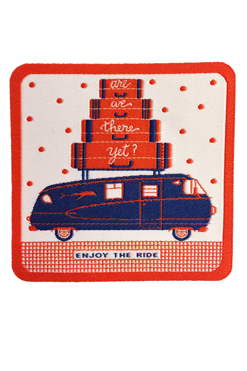 Iron on patch featuring navy blue motorhome, suitcases on top, and Enjoy the Ride with red polka dots and border