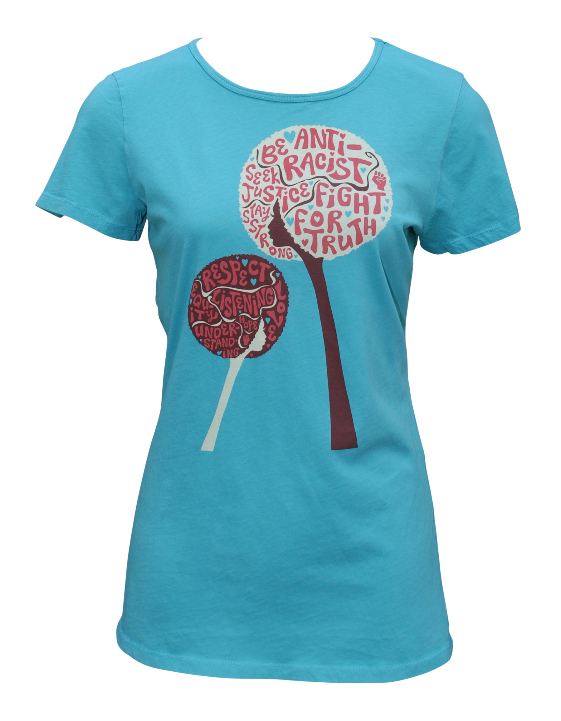 Light blue tee with design of afro girls or flowers with anti racist messages