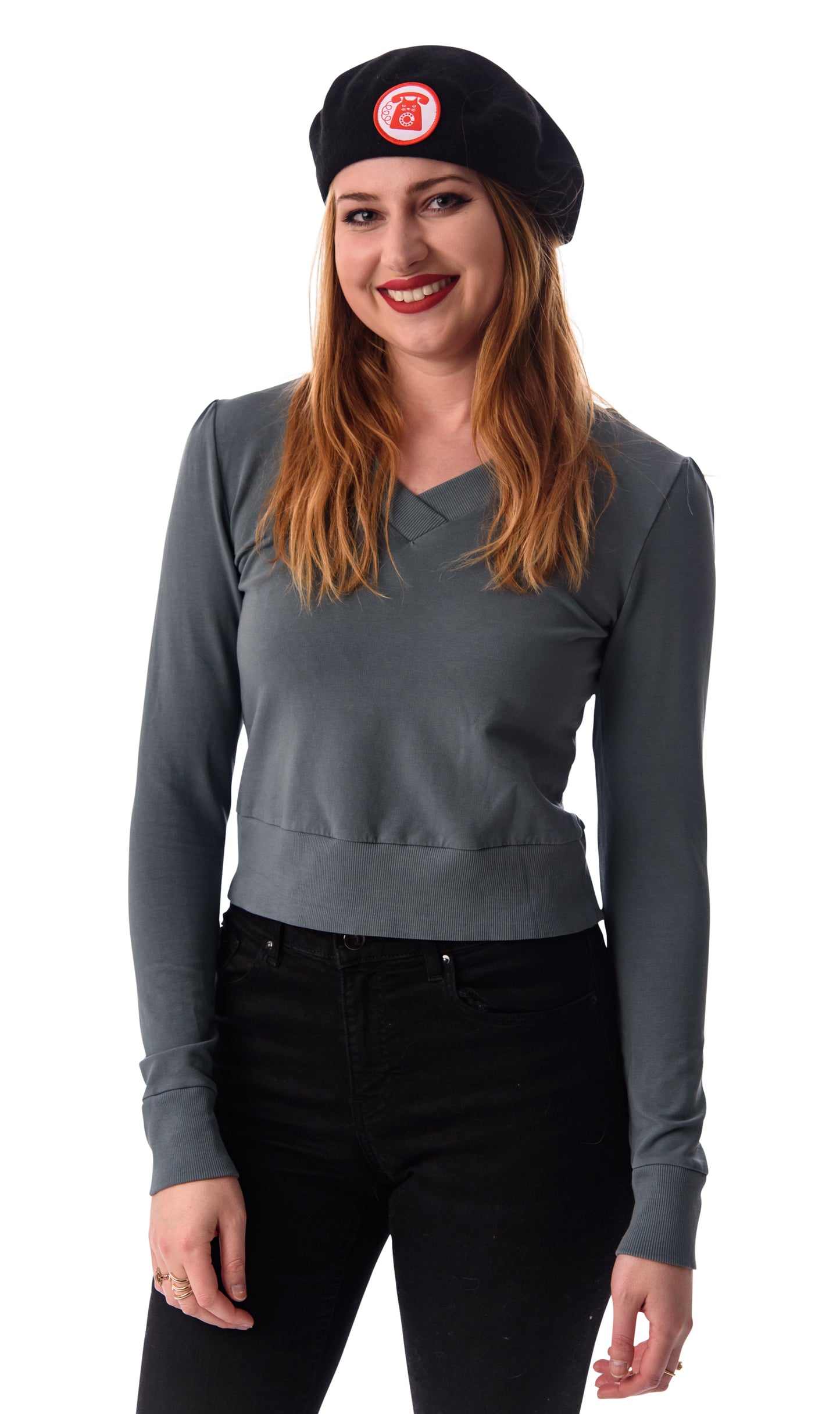 Grey v-neck French terry top with rib trim