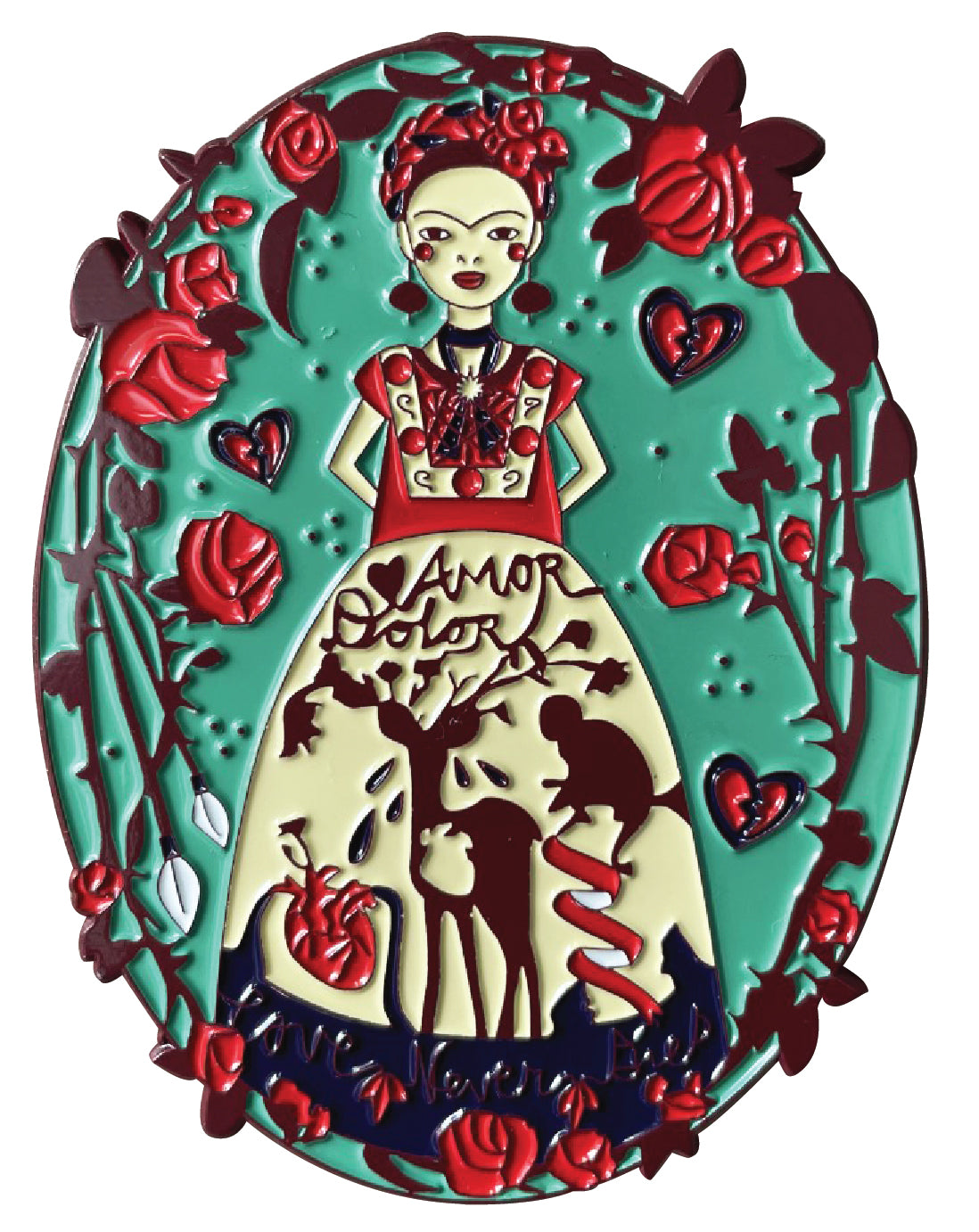 Jade green, red, and white enamel pin featuring a female artist, deer, monkey, and flowers with "Love Never Dies" text