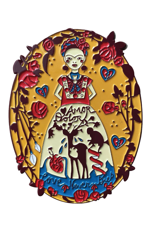 Yellow, red, blue and white enamel pin featuring a female artist, deer, monkey, and flowers with "Love Never Dies" text