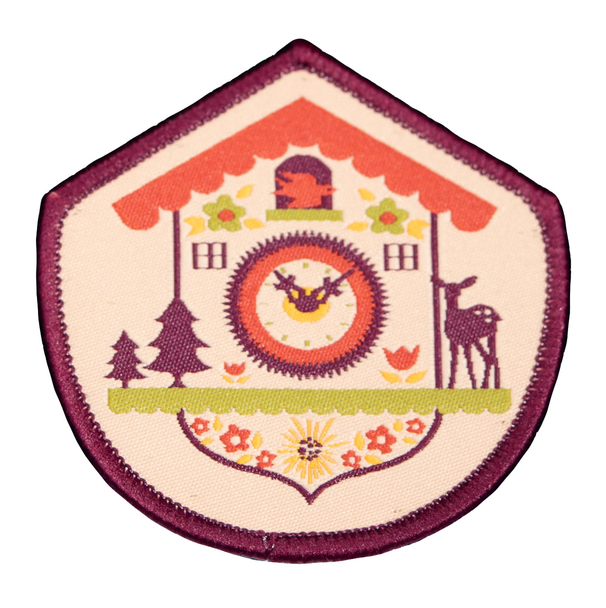 Purple, lime, yellow and red woven patch with a Bavarian cuckoo clock and purple border