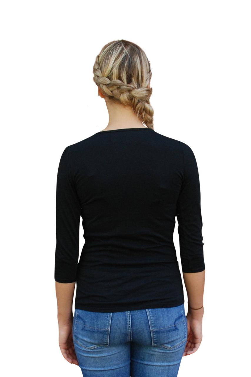 Back of 3/4 sleeved black t-shirt