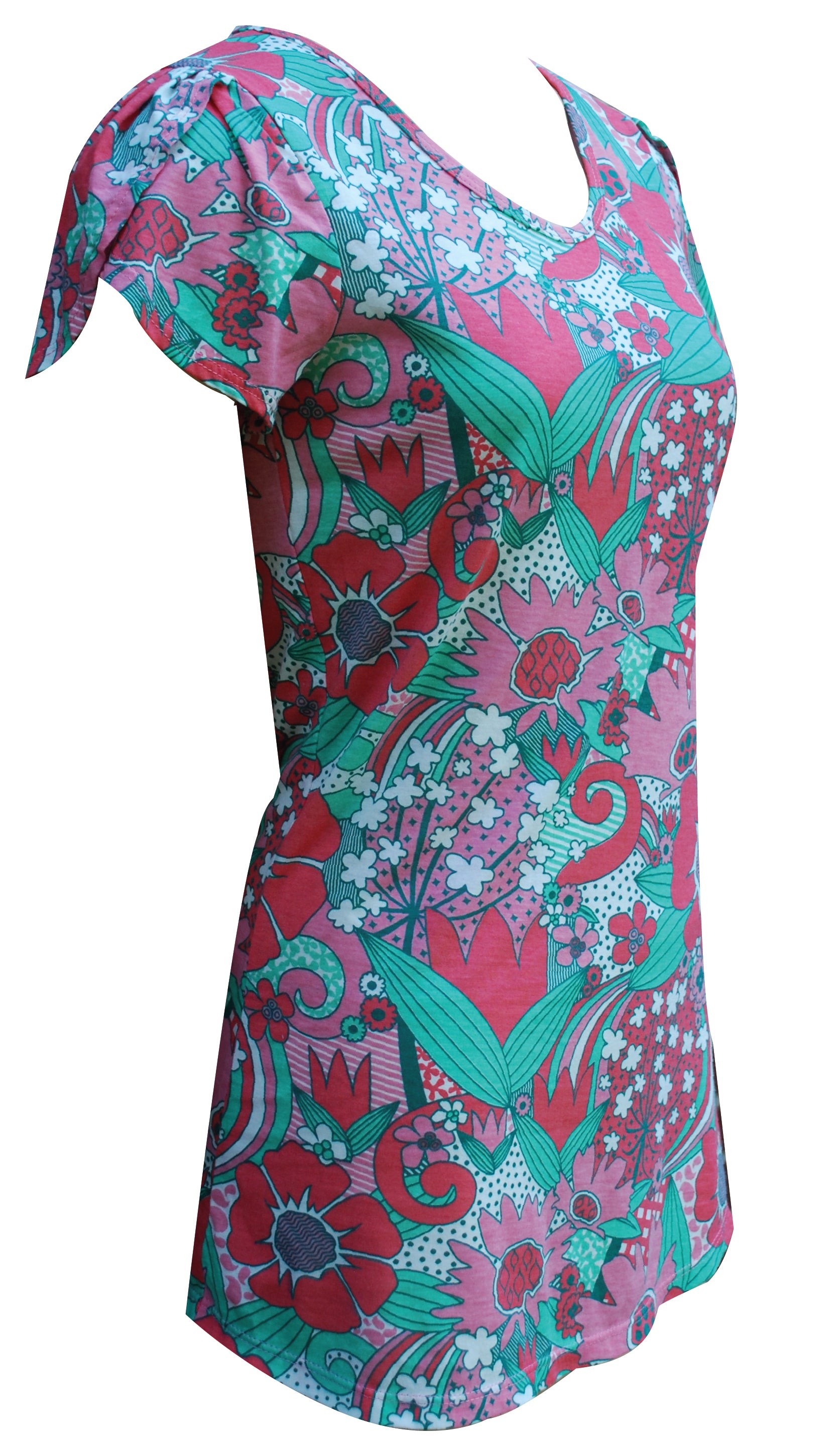 Side view of tulip-sleeved pink and green floral tee