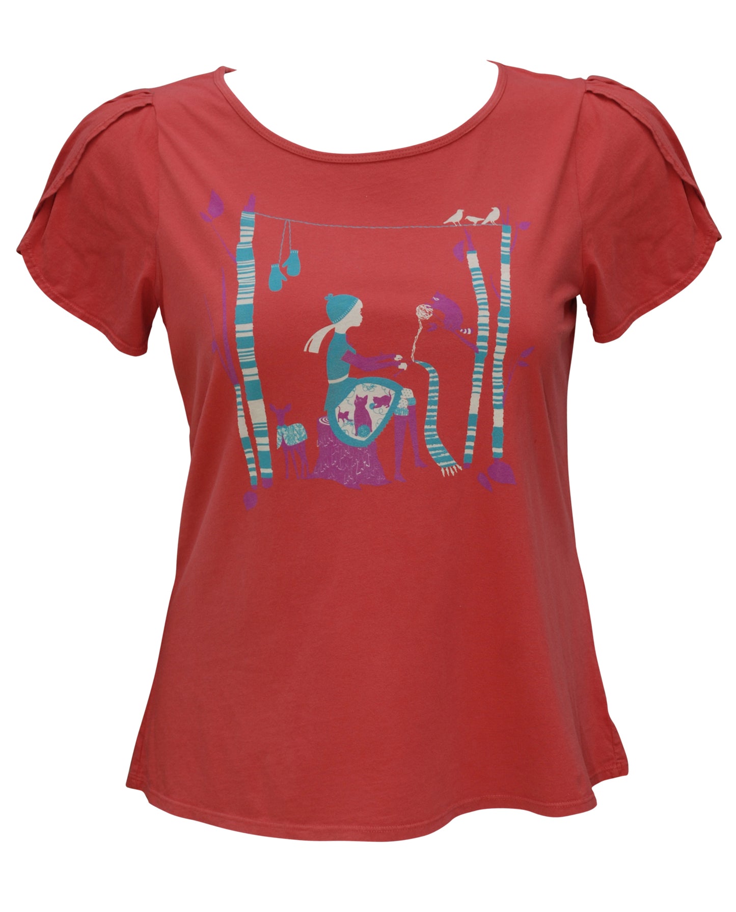 Red t-shirt with knitting girl graphic