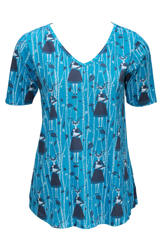Blue grey v-neck featuring print of masked girl with deer, birch trees and leaves