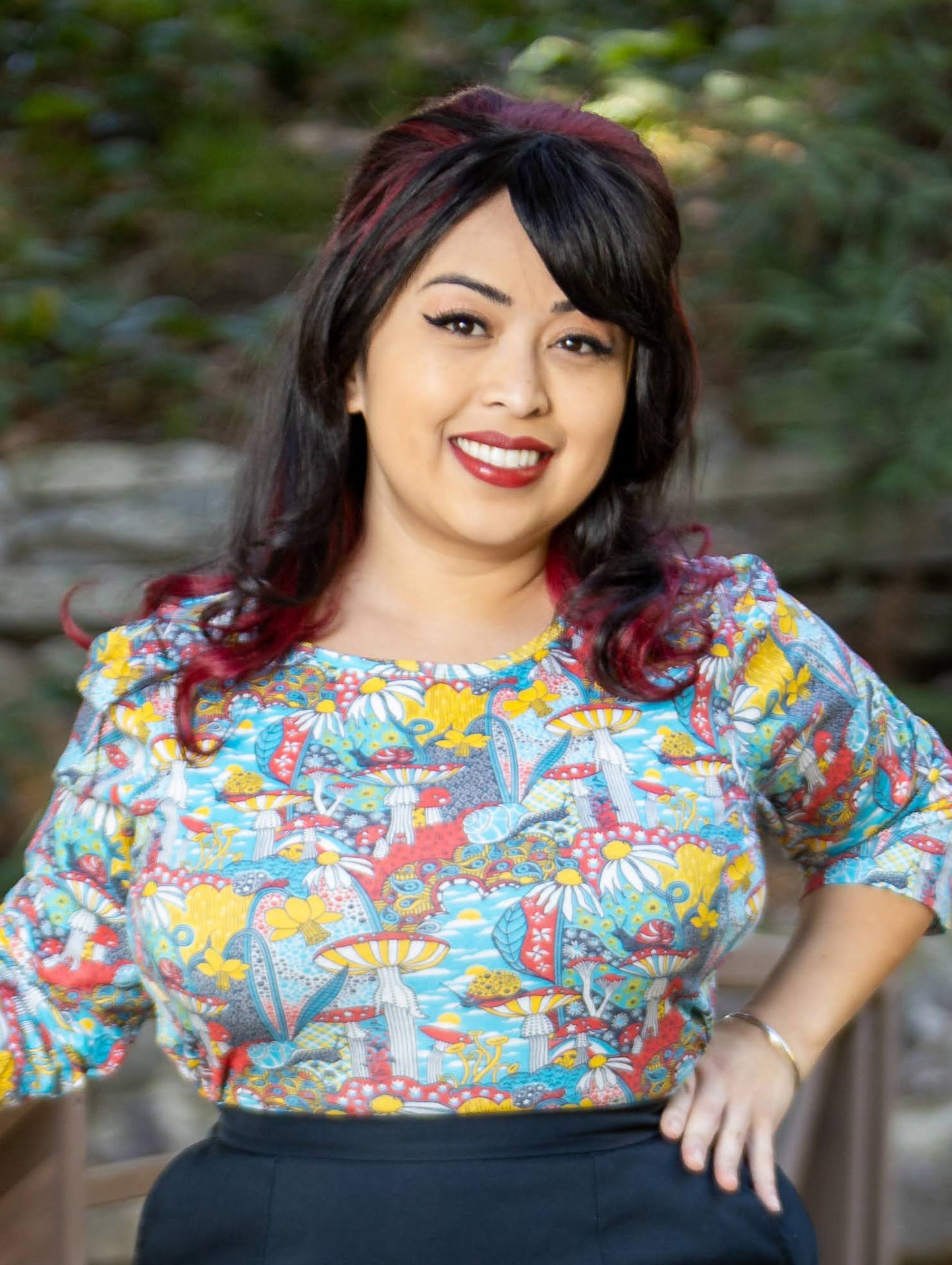Red yellow and blue 3/4 sleeved mushroom, snail and floral print tee
