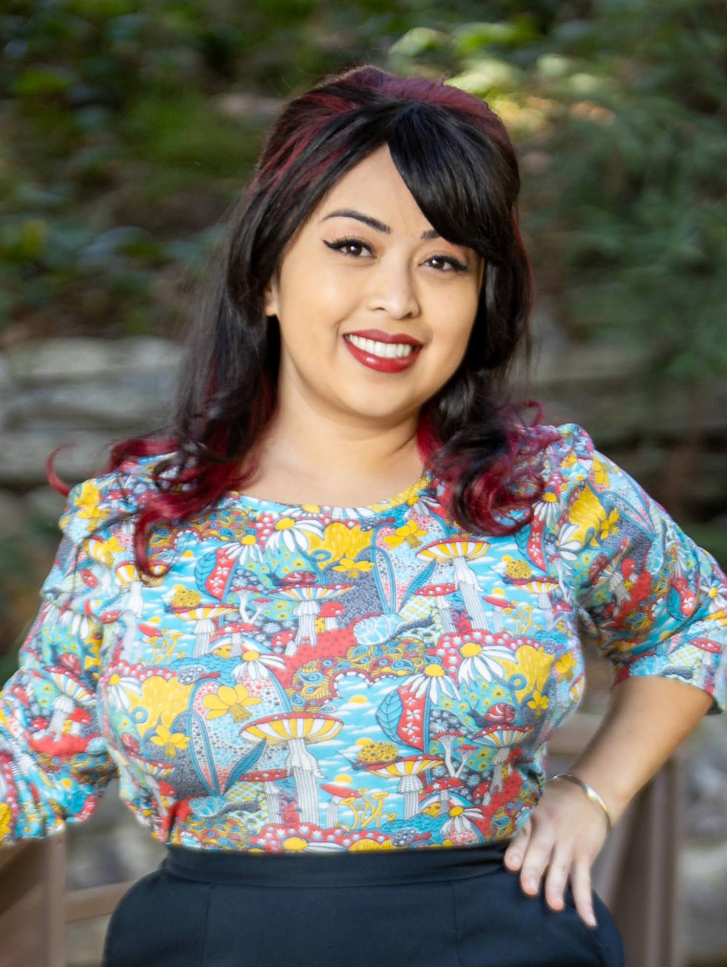 Red yellow and blue 3/4 sleeved mushroom, snail and floral print tee
