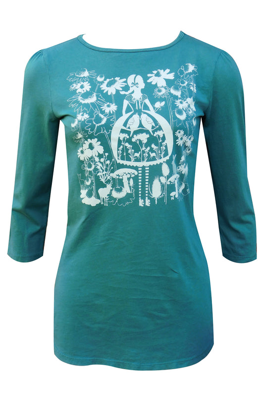 Dark green sweatshirt with screen print of birch trees, leaves, birds and deer on peach backdrop