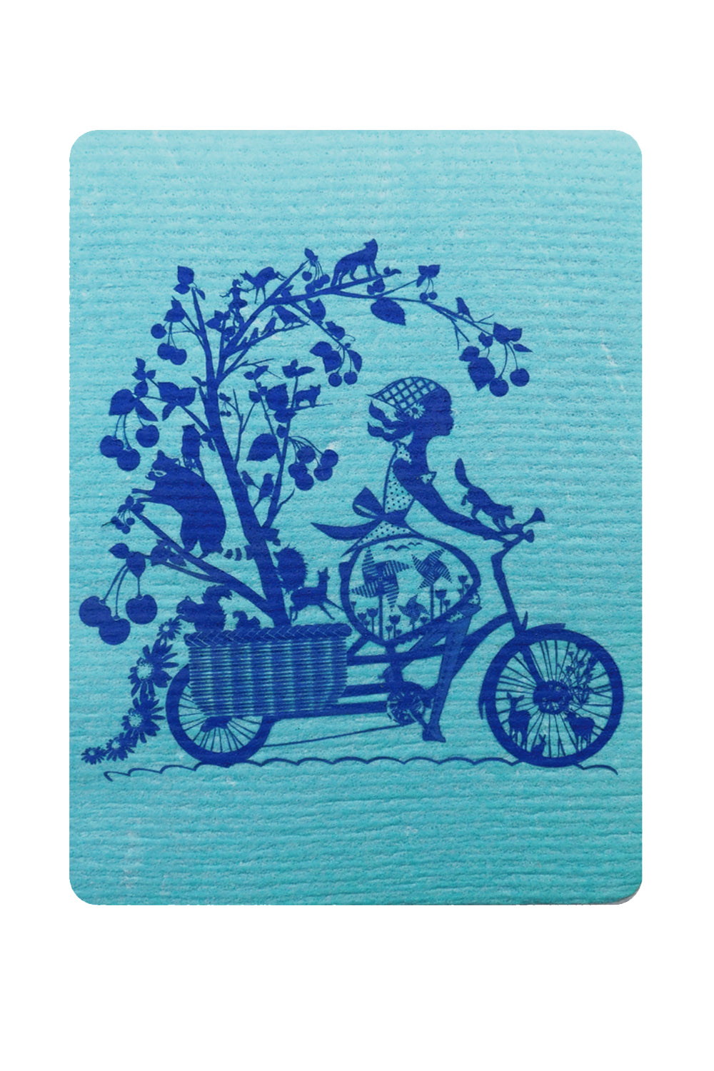 Blue Swedish dishcloth with dark blue graphic of woman riding a bike