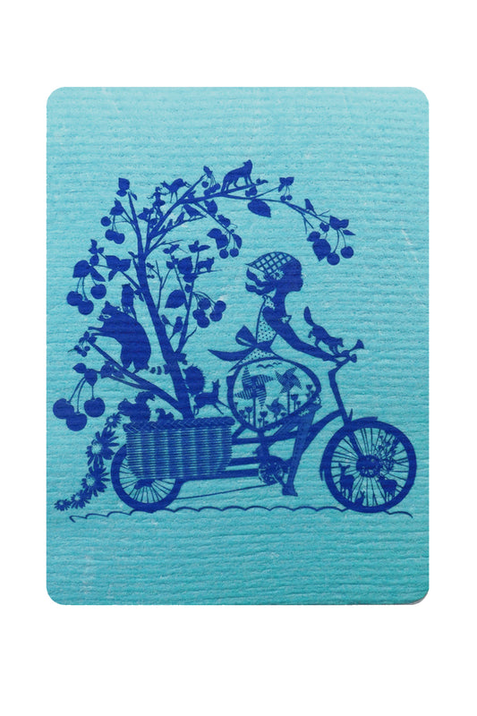 Blue Swedish dishcloth with dark blue graphic of woman riding a bike