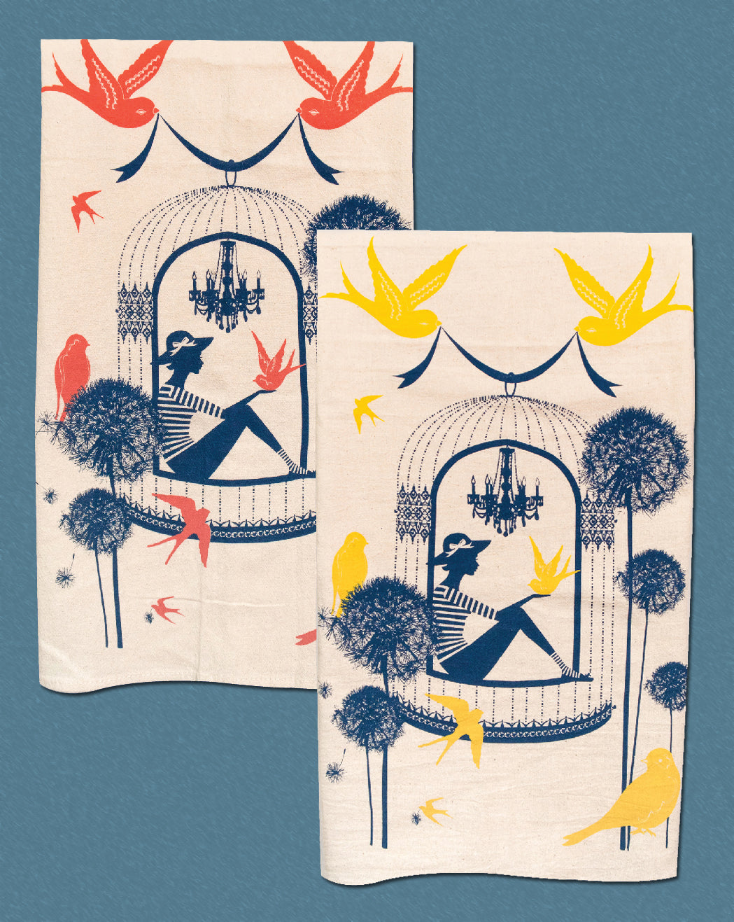 2 cotton tea towels with a woman in a birdcage surrounded by birds and flowers