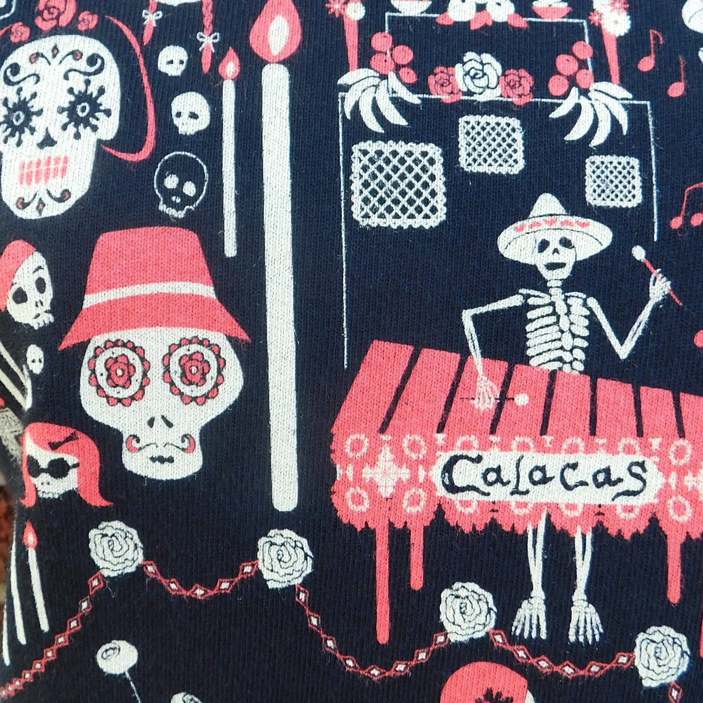 Close up of print featuring skeletons at a celebration