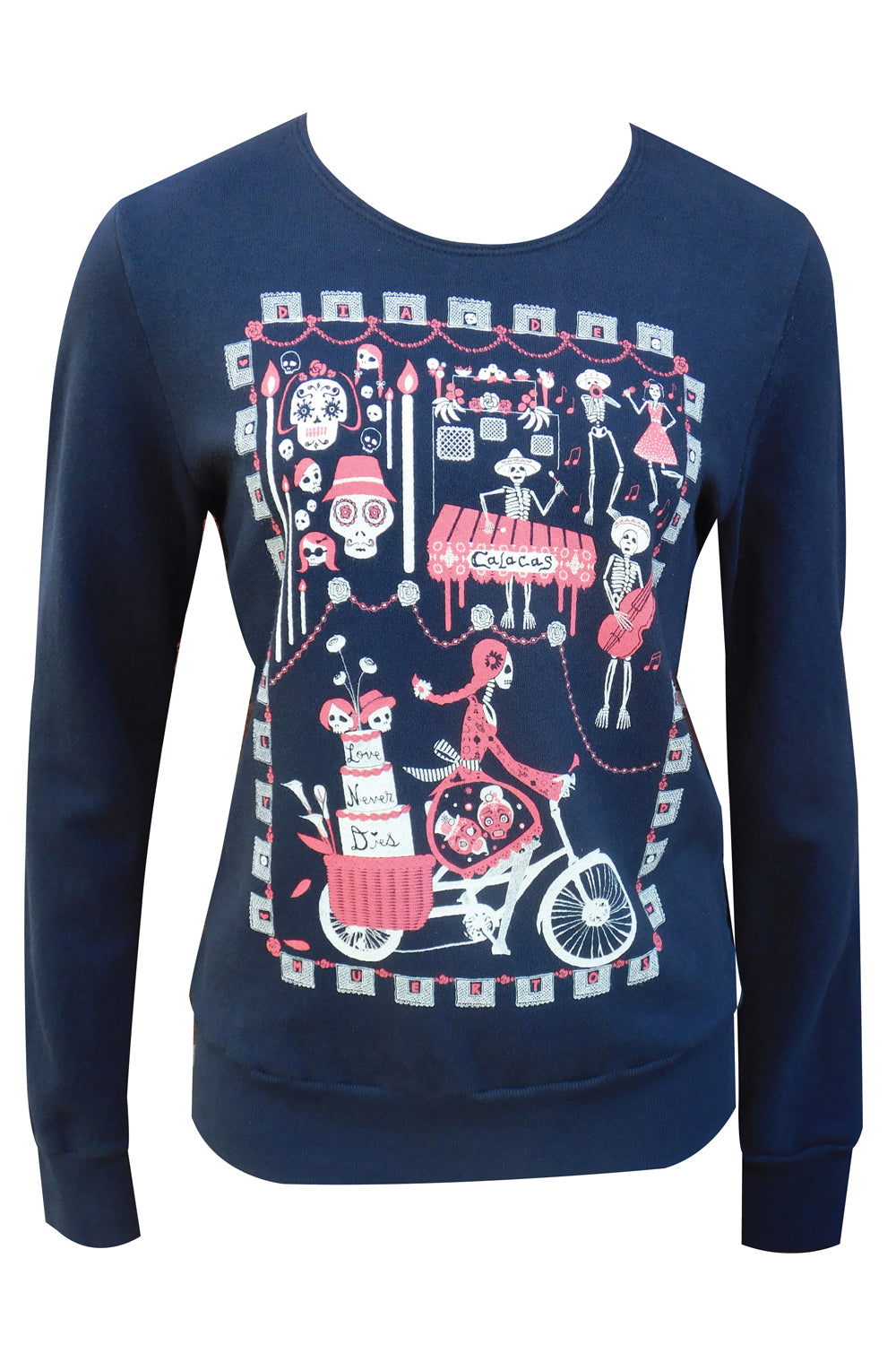 Closeup of fabric featuring graphic of skeletons celebrating and riding bikes