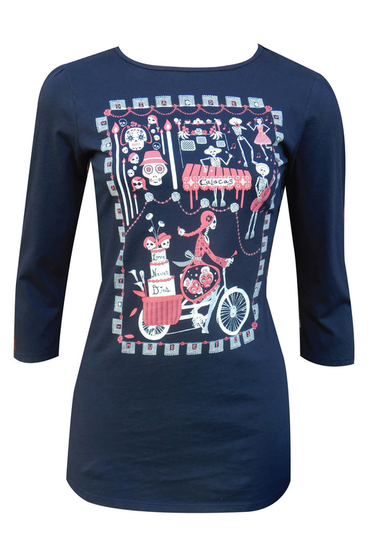 Long sleeve tee in navy with a graphic of skeletons celebrating and riding bikes