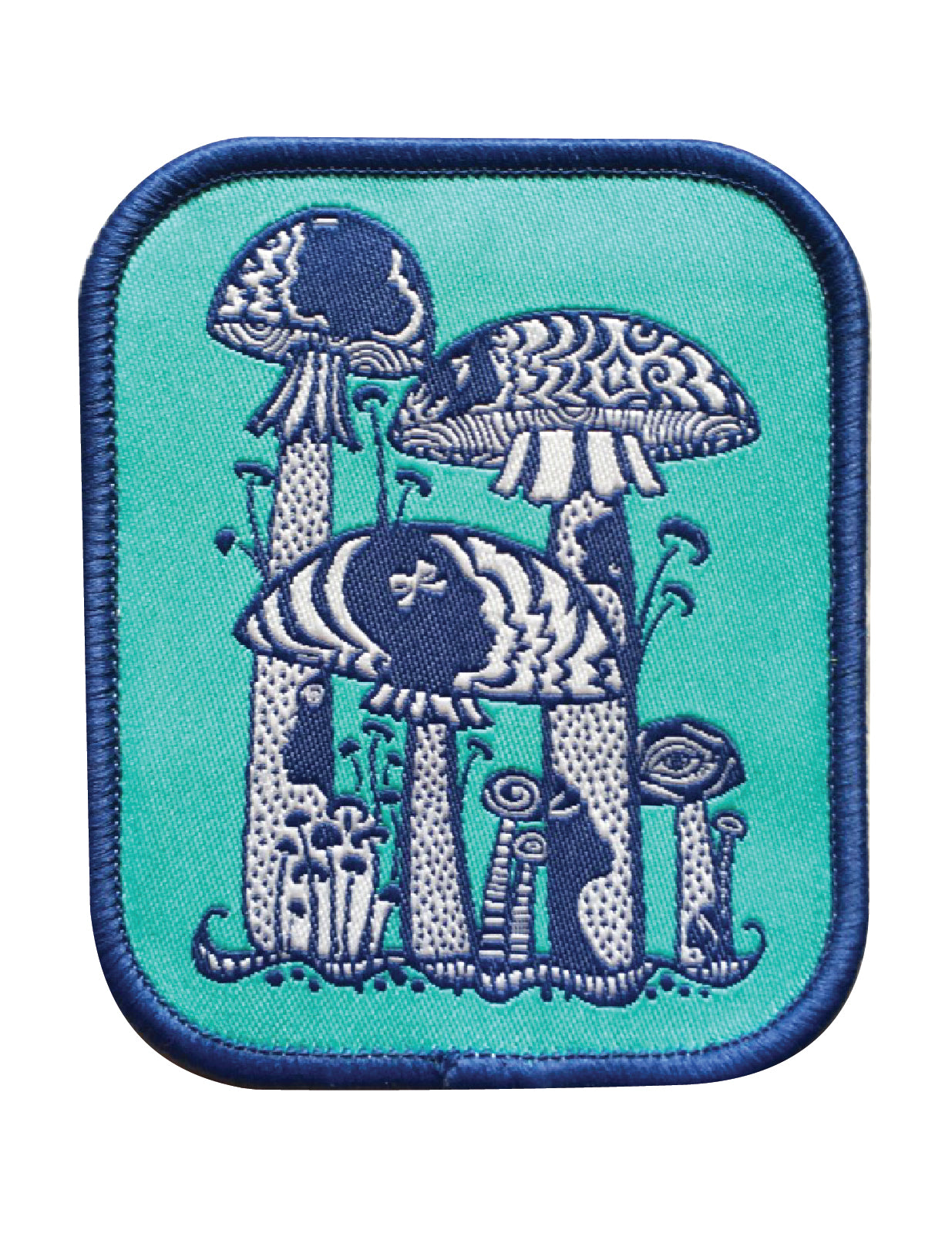 Aqua and indigo blue psychedelic mushroom iron on patch