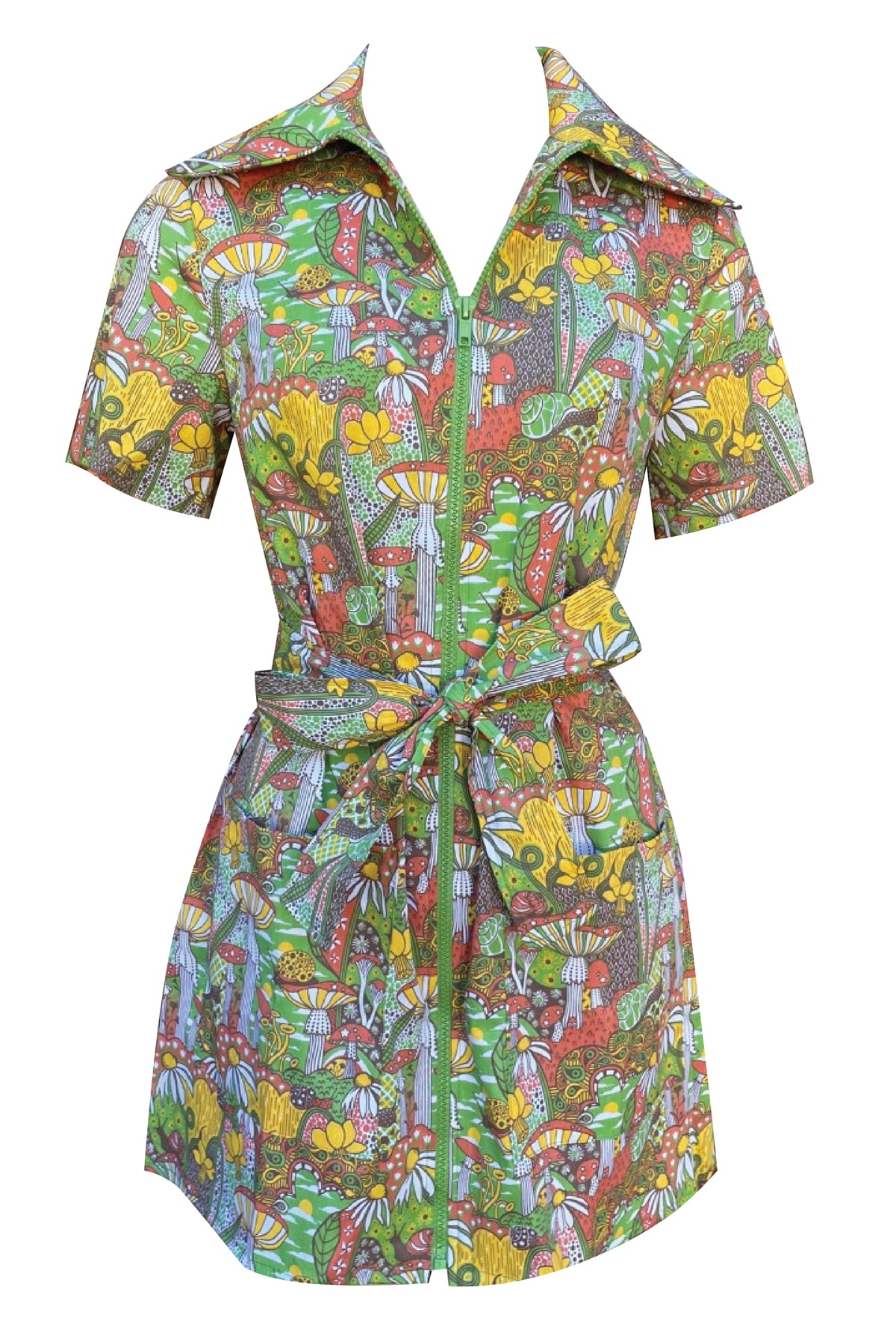 Olive green, rust and mustard yellow belted zip-front collared minidress with patch pockets