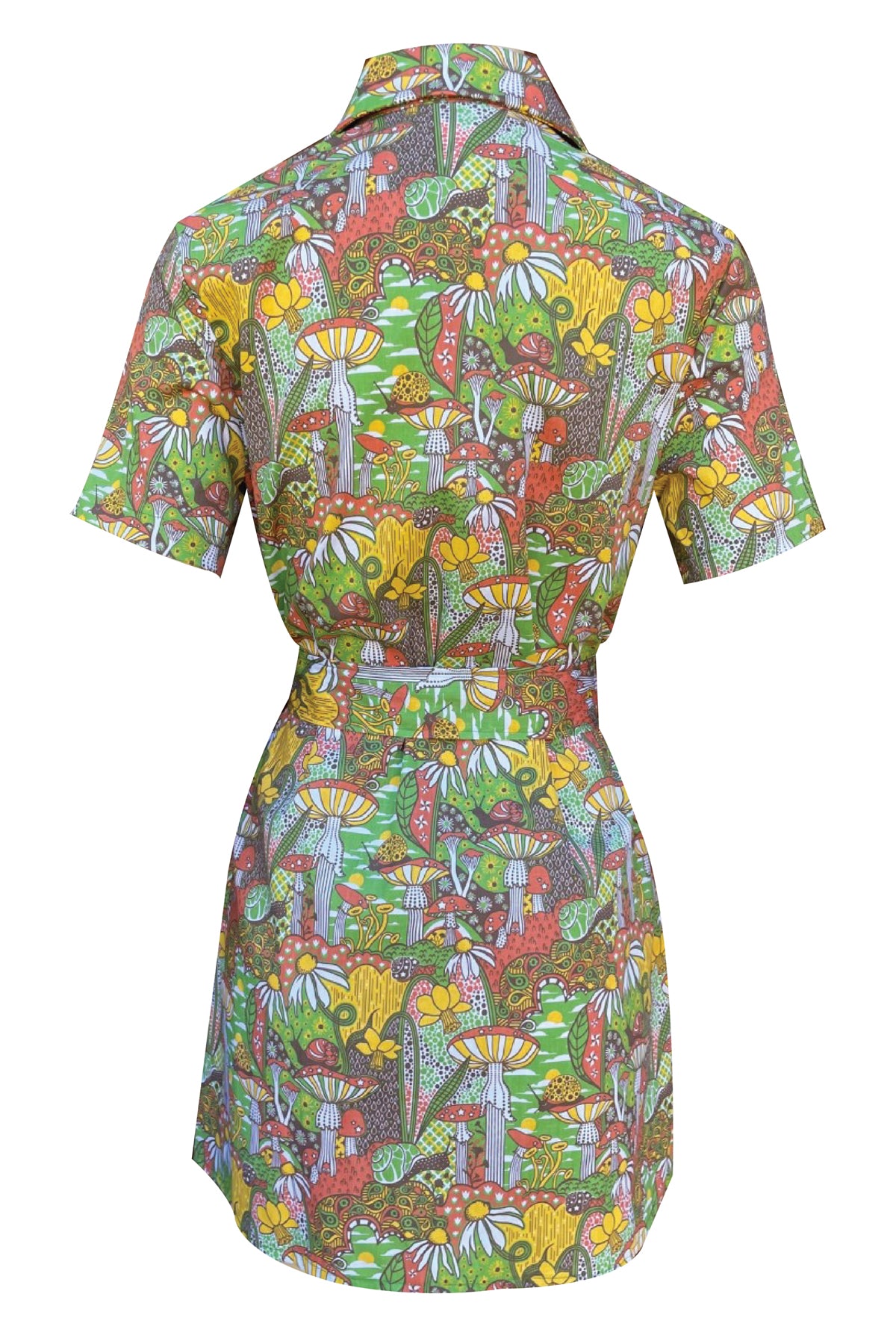 Back view of olive green, rust and mustard belted zip-front collared minidress